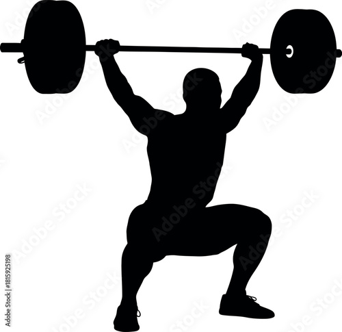 Silhouette of a male weightlifter performing an overhead squat with a barbell, isolated on