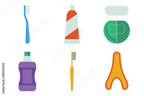Toothbrush hygiene kit, toothpaste tube, dental floss container, mouthwash bottle, spare brush, floss pick, daily routine vector