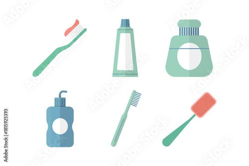 Personal oral care set, toothbrush, toothpaste, antiseptic mouthwash, liquid soap pump, interdental brush, travel hygiene accessories vector
