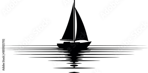 Black silhouette of a sailboat sailing on calm water with reflections, isolated on