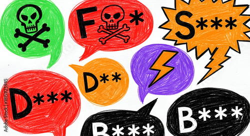 Cartoon speech bubbles with censored curse words, representing conflict and anger