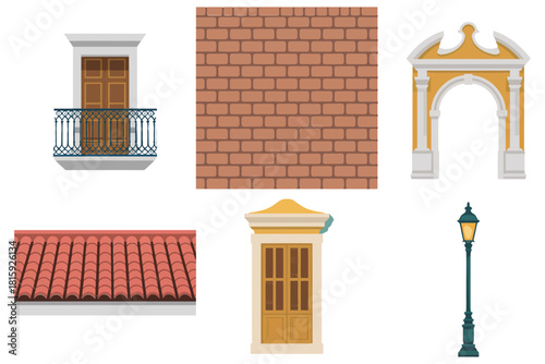Facade elements icon set, window frame, brick wall texture, arched portal, red roof, classic lamppost, heritage architecture vector
