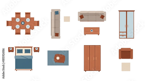 Top-Down View of Various Furniture Pieces Arranged in a Space