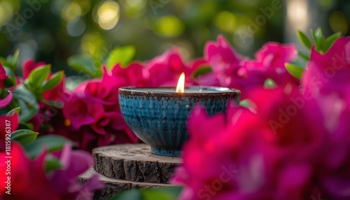 Beautiful Candle Surrounded by Vibrant Flowers in a Serene Outdoor Setting Du...