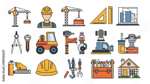 Collection of colorful flat design icons for construction, building, and engineering projects