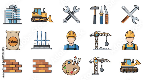 Construction Tools and Building Icons A Colorful Industry Collection