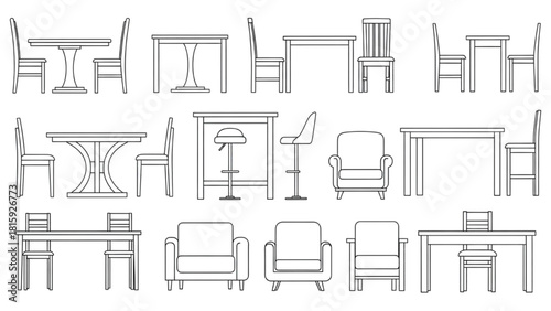 Collection of line art drawings of various furniture pieces for interior design