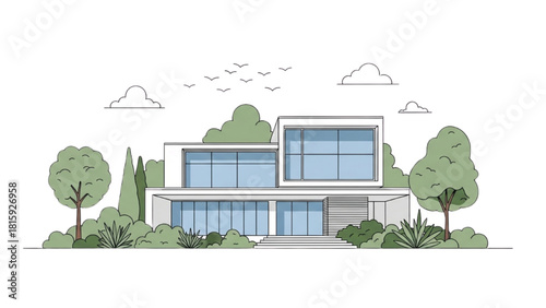 Architectural concept of a modern house with a garden. Luxury real estate villa exterior line art