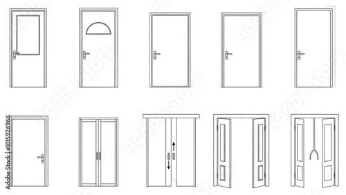 A comprehensive collection of diverse architectural door designs, featuring various modern and traditional styles for building projects