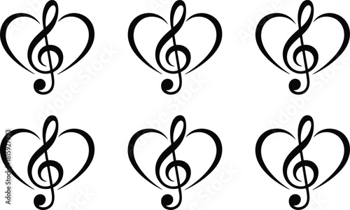 Six Black Heart and Treble Clef Symbols Arranged in a Grid Pattern