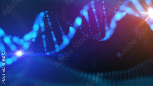 Futuristic DNA strand made of glowing particles. Concept of genetic engineering biotechnology and digital science data. Genomic sequence medical research background. AI tech Innovation vector backdrop