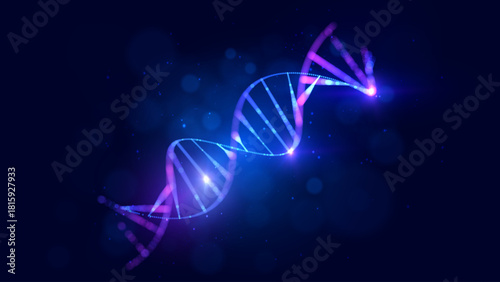 Shiny particle DNA helix background. Abstract genetics technology and bio data concept. For science presentation medical innovation. Digital structure biotechnology and scientific research background
