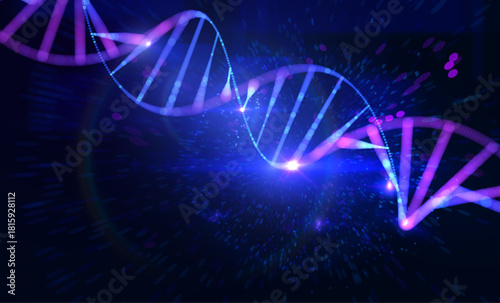 Futuristic DNA strand made of glowing particles. Concept of genetic engineering biotechnology and digital science data. Genomic sequence medical research background. AI tech Innovation vector backdrop