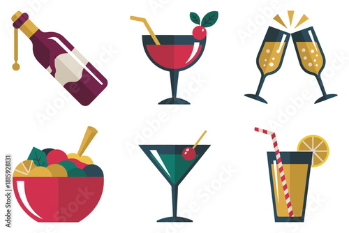 Cocktail and beverage icons, wine bottle pouring, clinking champagne flutes, martini glass, tiki drink, festive punch bowl