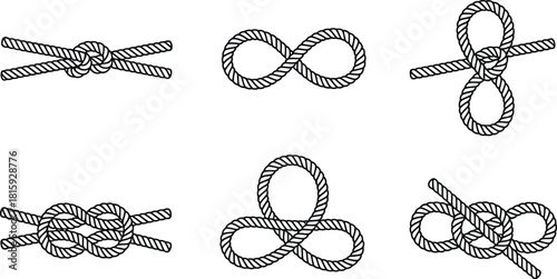 Collection of Six Different Rope Knots Illustrated on a White Background