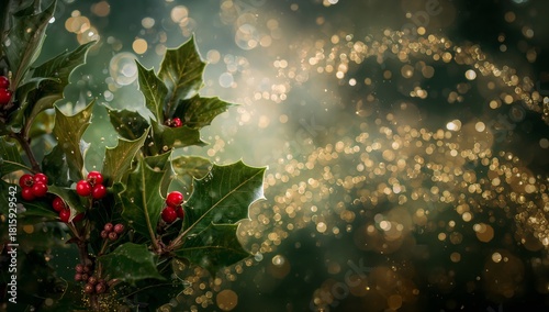 Bright Holly Leaves and Berries Against a Sparkling Background During the Hol...