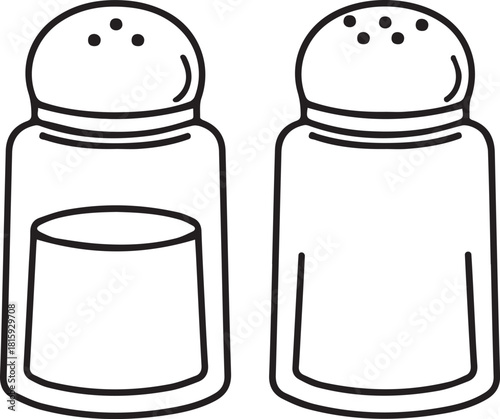 A minimalist black and white line art illustration of two classic glass salt and pepper shakers with metal tops.