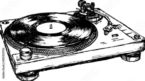 Turntable with vinyl record in an engraved style. Vintage audio player vector illustration featuring detailed line drawing and monochrome design.