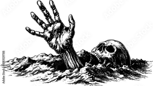 Skeleton hand emerging from dark water. Vintage vector illustration featuring a skull and waves, creating a mysterious visual image.
