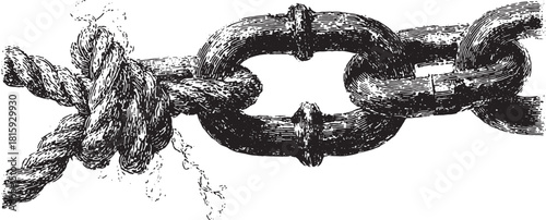 Black and white chain with rope and knot in handdrawn engraving style. Vintage vector illustration with detailed metal links.