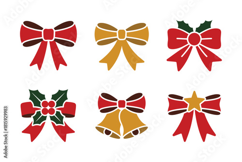 Elegant bow collection, classic red ribbons, golden satin bows, holly cluster badge, present topper elements, holiday celebration vector