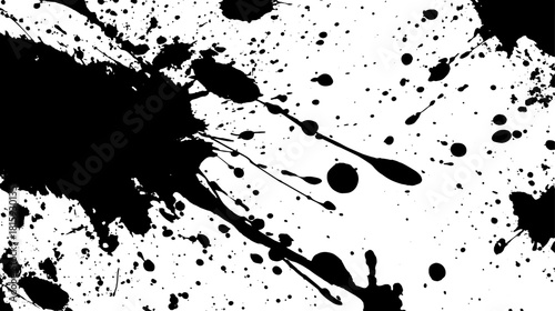 Black paint splatter illustration with chaotic design. Unique texture and abstract pattern in vector format suitable for various creative applications.