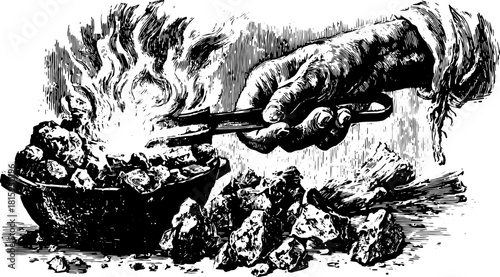 Hand holding tongs over fire with coal. Vintage vector illustration showcasing the process of craftsmanship in black line art set.