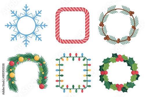 Christmas wreath and frame set, evergreen garlands, light string square, candy border, arch topper, festive design vector