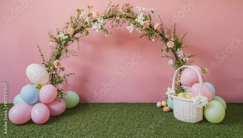 Colorful Spring Arch With Flowers and Pastel Balloons for Festive Celebration