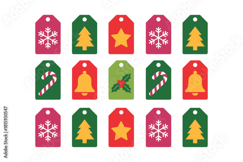 Colorful gift tags grid, red and green labels, snowflakes, stars, trees, candy canes, holiday wrapping accents, vector