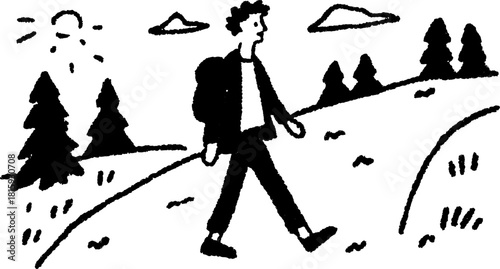 Hiker traveling through a nature landscape. Simple black and white vector illustration with a path, trees, and a sun in the scene.