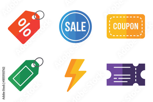 Round sale badge icons, coupon ticket label, green price tag, lightning bolt deal, stitched promotional stickers, vector set