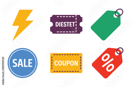 Sale and coupon tag icons, discount percentage labels, lightning deal symbol, stitched badges, shopping promotion elements, vector illustration
