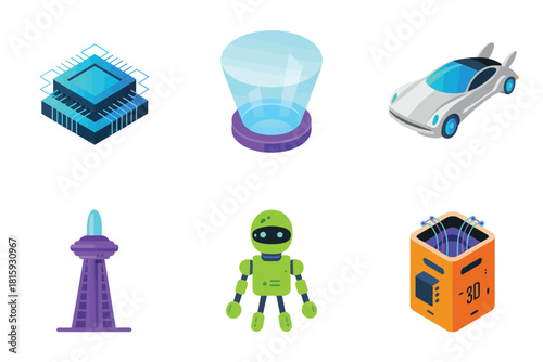 Future technology icons, microchip processor, hologram projector, autonomous car, antenna tower, friendly robot, innovation cube, vector pack