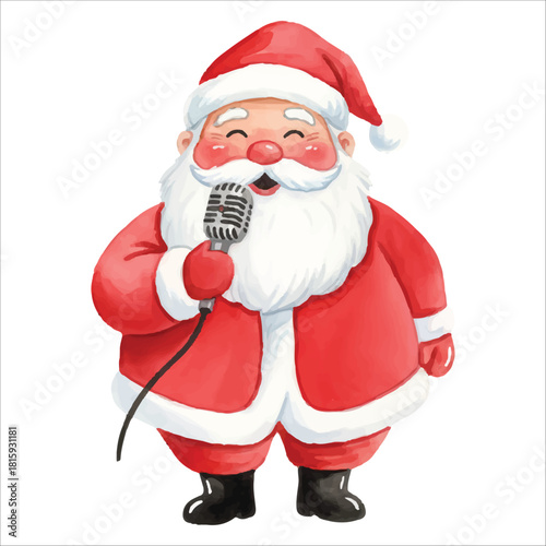 Watercolor Santa Claus singer with microphone, Christmas vector artwork isolated on white
