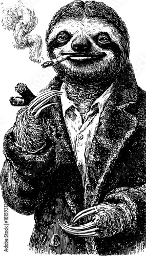 Vintage engraving of a sloth in a coat, holding a cigar and emitting smoke. Hand-drawn vector illustration showcasing a quirky character in repose.