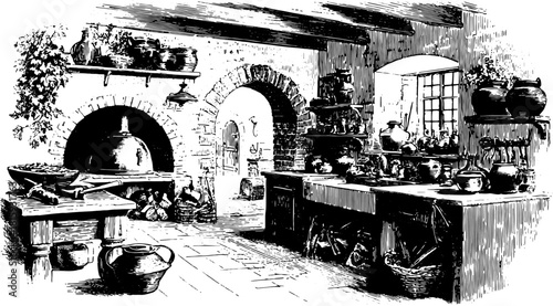 Vintage kitchen interior with detailed engraving. Hand-drawn black outline illustration showing furniture, pots, and shelves in a retro set.