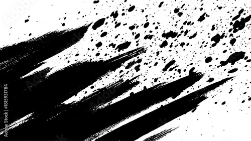 Black paint splash with dynamic strokes and spatter. Bold vector illustration on a white background.