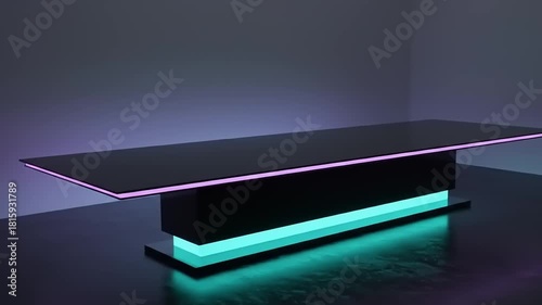 Sleek modern table with neon lighting in a minimalist room, showcasing a futuristic design