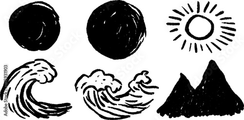 Wave, sun, and mountain silhouettes in a simple graphic style. This black vector illustration features natural scenery elements.