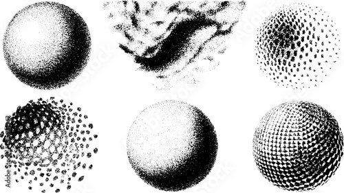 Abstract spheres with various textures and patterns in black and white. A vector illustration showcasing modern geometric shapes in a clean design.