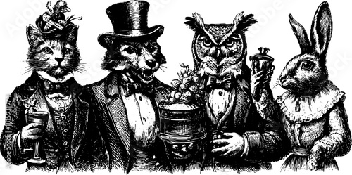 Four dressed animals: a cat, raccoon, owl, and rabbit in vintage attire. This whimsical vector illustration showcases elegant formal costumes in monochrome.