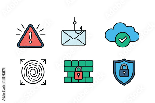 Cybersecurity icons set, warning triangle, secure email envelope, cloud check, fingerprint id, firewall lock, data protection shield