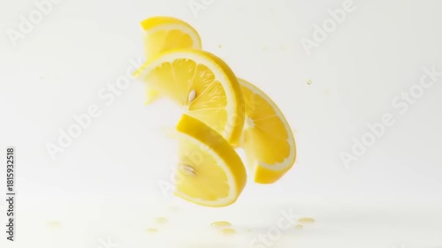 Slices of fresh lemon suspended in mid-air against a clean white background, showcasing vibrant colors