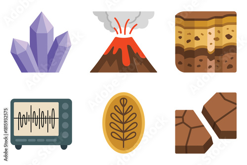 Earth science icons collection, active volcano, stratified soil section, seismograph screen, leaf fossil imprint, cracked ground tectonics, vector