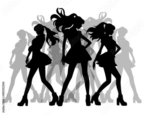 Silhouette of female idol group, group of beautiful women dancing, icon isolated on white background, vector illustration type 1
