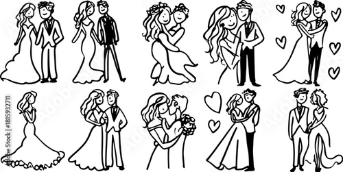 Wedding couple silhouettes in hand-drawn style. Outline vector illustration captures romance with dresses, tuxedos, and hearts in a set.