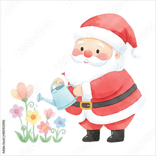 Watercolor Santa Claus gardener watering flowers, Christmas vector design isolated on white
