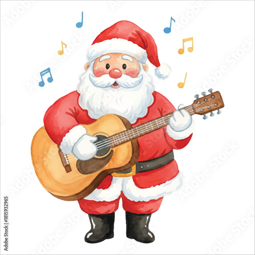 Watercolor Santa Claus playing guitar as musician, Christmas vector artwork isolated on white
