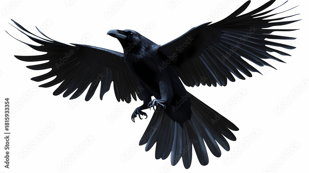 Obraz premium Majestic black bird is captured midflight with wide outstretched wings